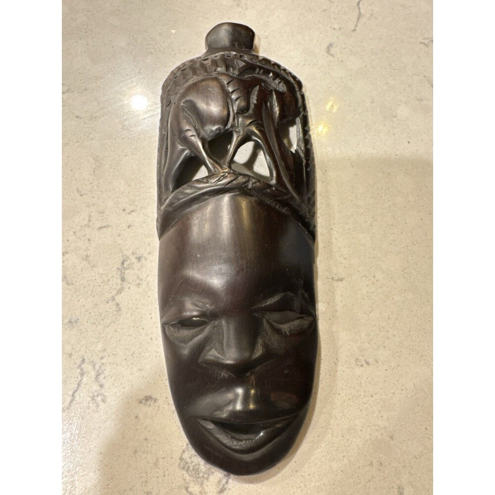 Vintage African Hand Carved Mahogany Wood Face  Elephant Mask Wall Folk Art